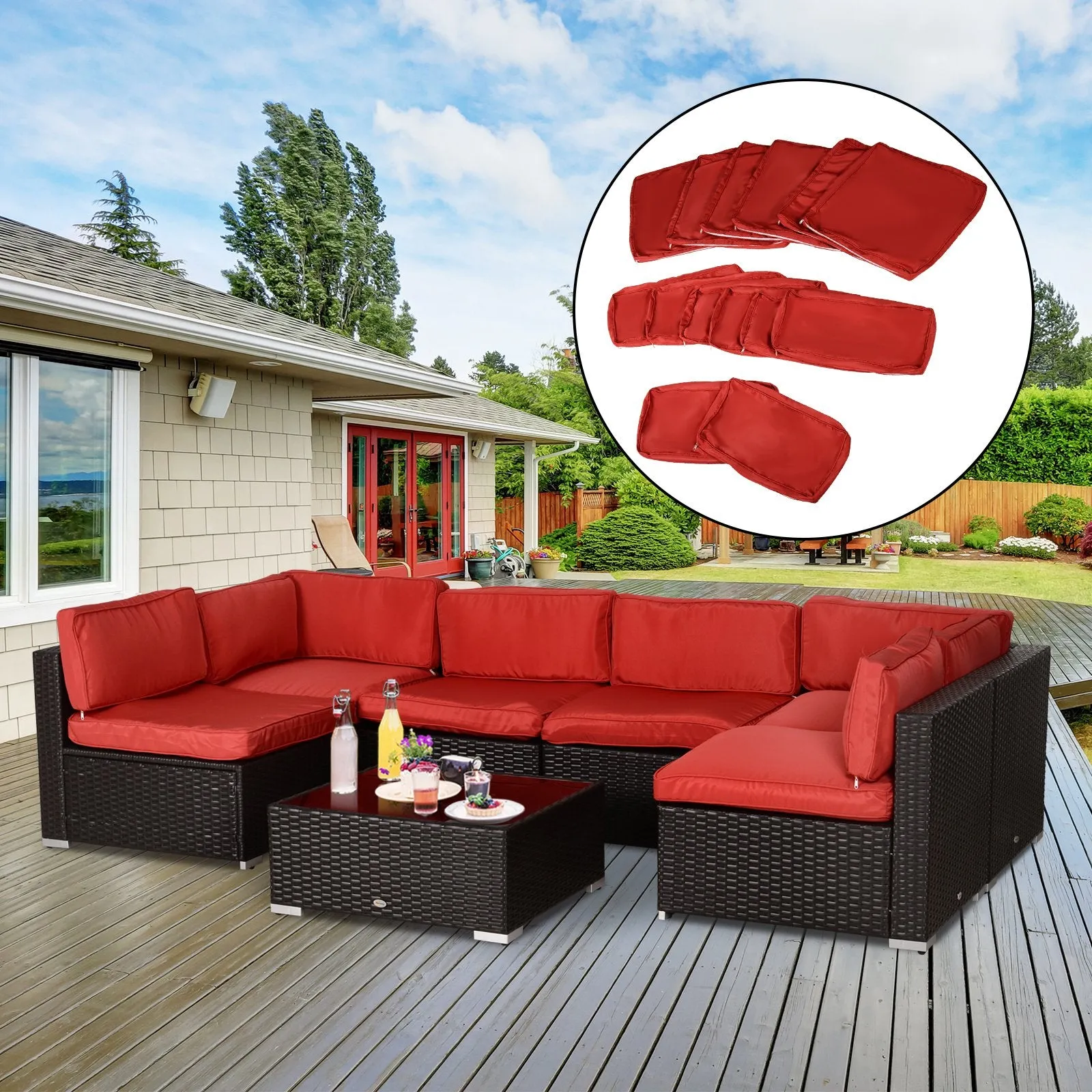 14pc Patio Rattan Sofa Set Cushion Cover - Red