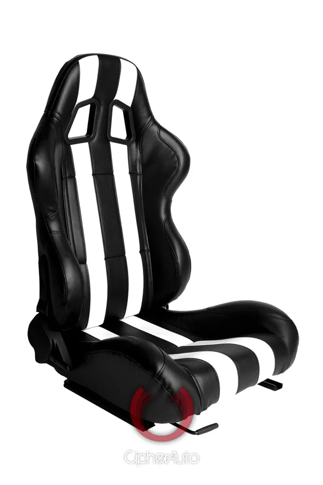 CPA1026 Black Leatherette w/ White Stripes Cipher Auto Racing Seats - Pair