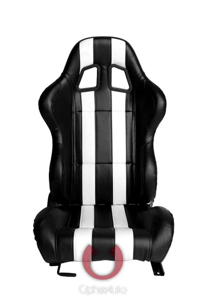 CPA1026 Black Leatherette w/ White Stripes Cipher Auto Racing Seats - Pair