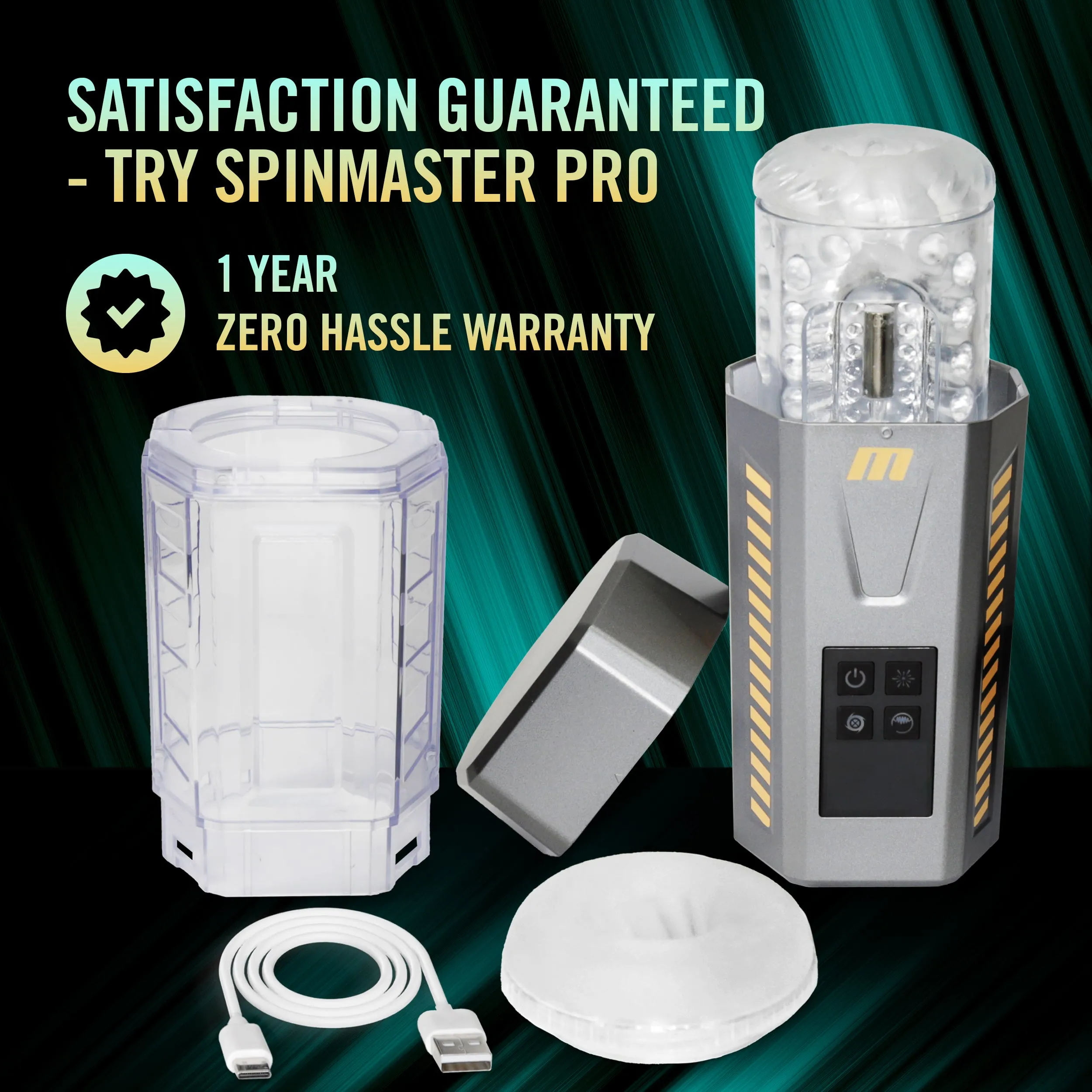 M For Men By Blush® | SpinMaster Pro – 360° Rotating, Vibrating & Stroking Automatic Male Masturbator With Turbo Boost – Gray