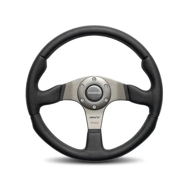 Momo Race Steering Wheel - 320 mm Diameter - 40 mm Dish - 3-Spoke - Black Leather Grip - Gray Anodized