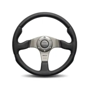Momo Race Steering Wheel - 320 mm Diameter - 40 mm Dish - 3-Spoke - Black Leather Grip - Gray Anodized