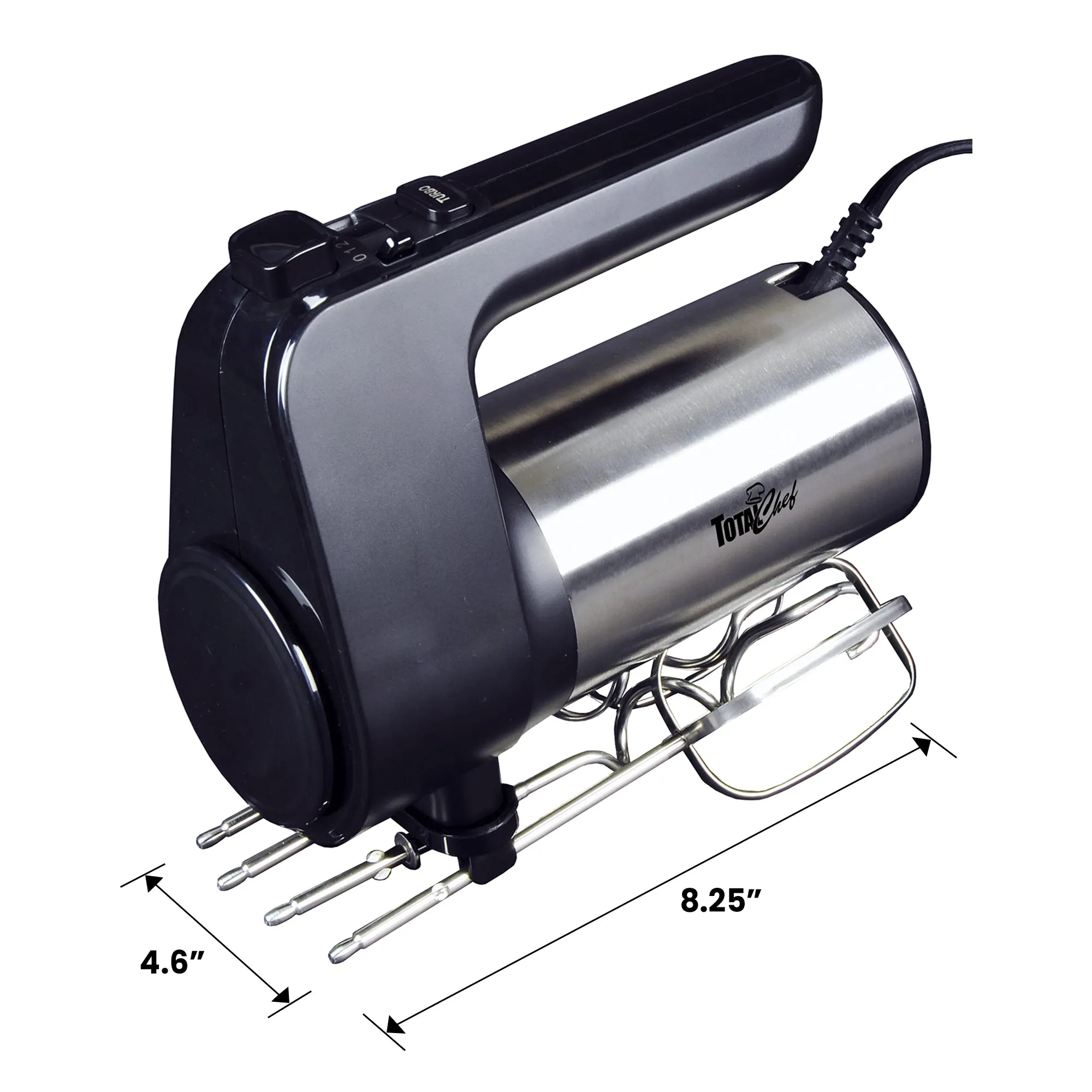 Total Chef 6-Speed Electric Hand Mixer | Stainless Steel Beaters & Dough Hooks | Clip-On Storage | 250 Watt Motor With Turbo Boost | Dishwasher-Safe Accessories | Black & Silver