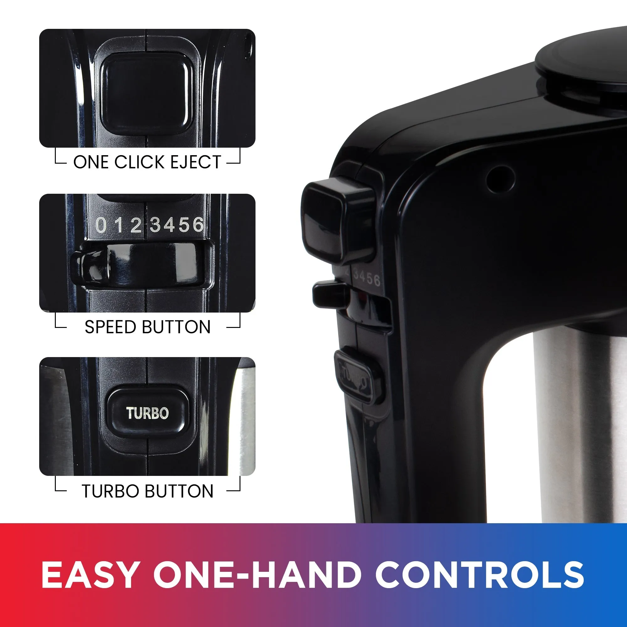 Total Chef 6-Speed Electric Hand Mixer | Stainless Steel Beaters & Dough Hooks | Clip-On Storage | 250 Watt Motor With Turbo Boost | Dishwasher-Safe Accessories | Black & Silver