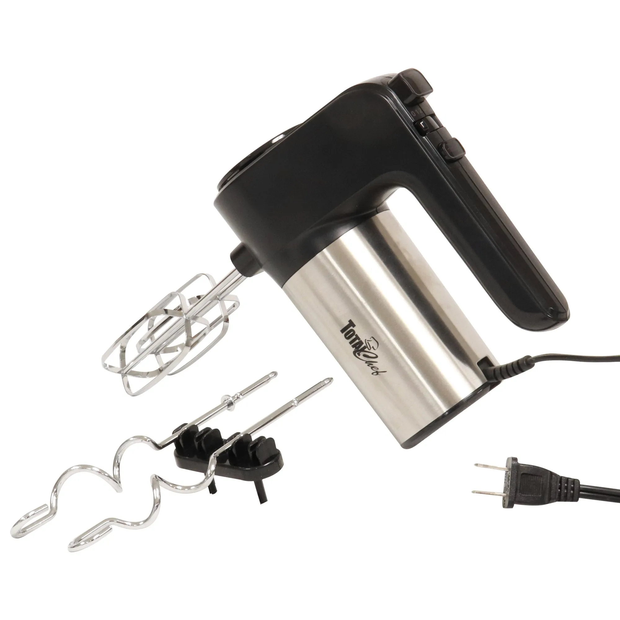 Total Chef 6-Speed Electric Hand Mixer | Stainless Steel Beaters & Dough Hooks | Clip-On Storage | 250 Watt Motor With Turbo Boost | Dishwasher-Safe Accessories | Black & Silver