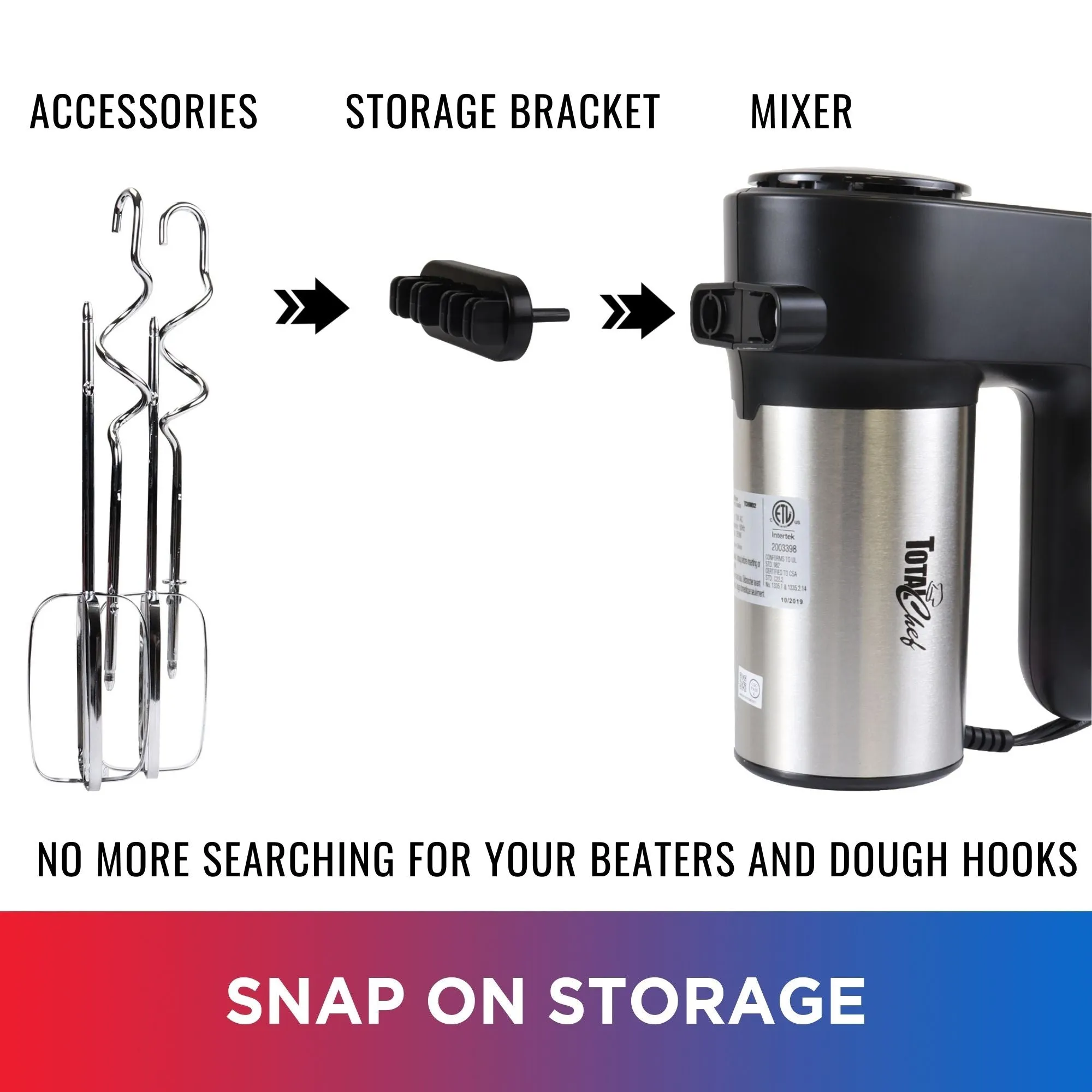 Total Chef 6-Speed Electric Hand Mixer | Stainless Steel Beaters & Dough Hooks | Clip-On Storage | 250 Watt Motor With Turbo Boost | Dishwasher-Safe Accessories | Black & Silver