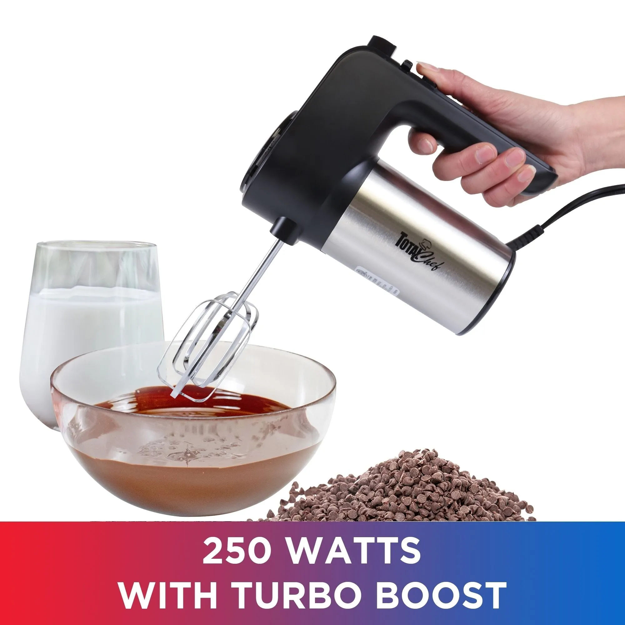 Total Chef 6-Speed Electric Hand Mixer | Stainless Steel Beaters & Dough Hooks | Clip-On Storage | 250 Watt Motor With Turbo Boost | Dishwasher-Safe Accessories | Black & Silver