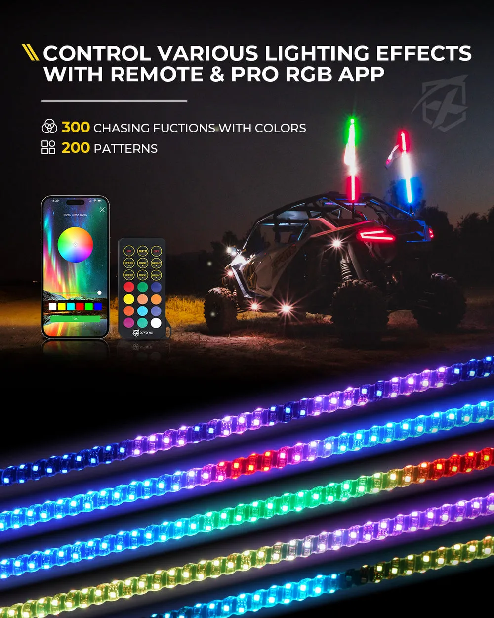 Xprite RGB-W LED Whip Lights w/ Durable Spring Base & U.S. Flag / Xprite Flag - Multiple Length Options