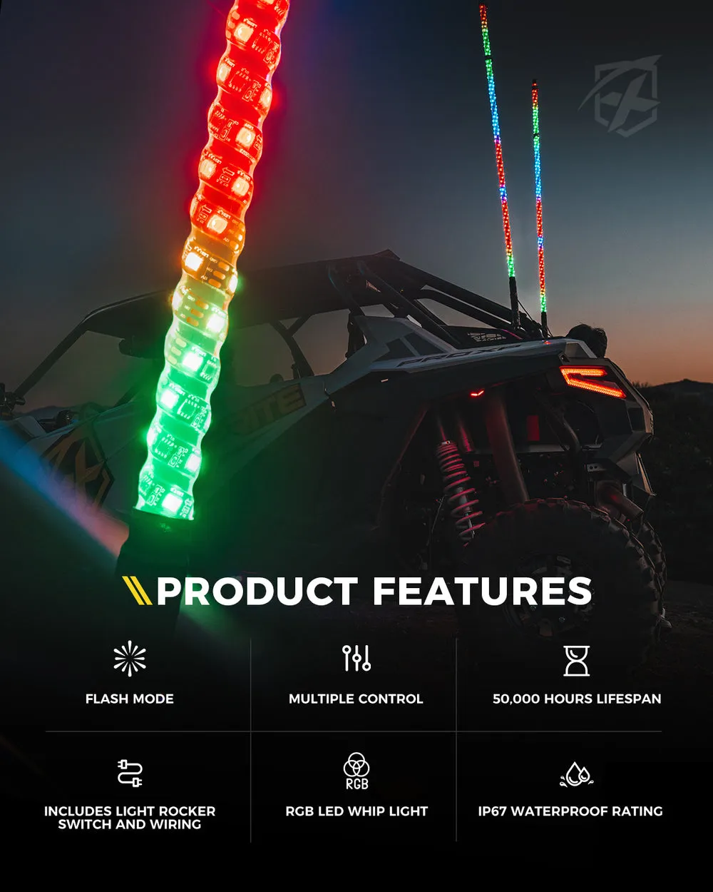 Xprite RGB-W LED Whip Lights w/ Durable Spring Base & U.S. Flag / Xprite Flag - Multiple Length Options