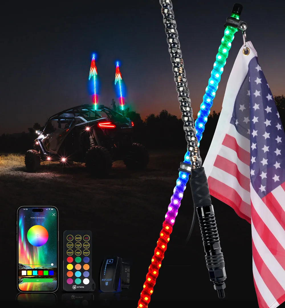 Xprite RGB-W LED Whip Lights w/ Durable Spring Base & U.S. Flag / Xprite Flag - Multiple Length Options